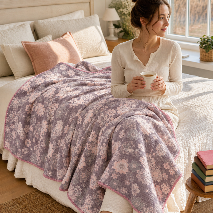 A woman sits on a bed covered by a floral gauze blanket, holding a mug.