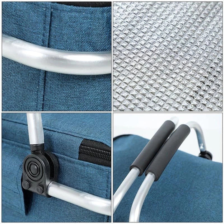Close-up details of a blue folding picnic basket, showing the aluminum handle, insulated interior, and padded grips.