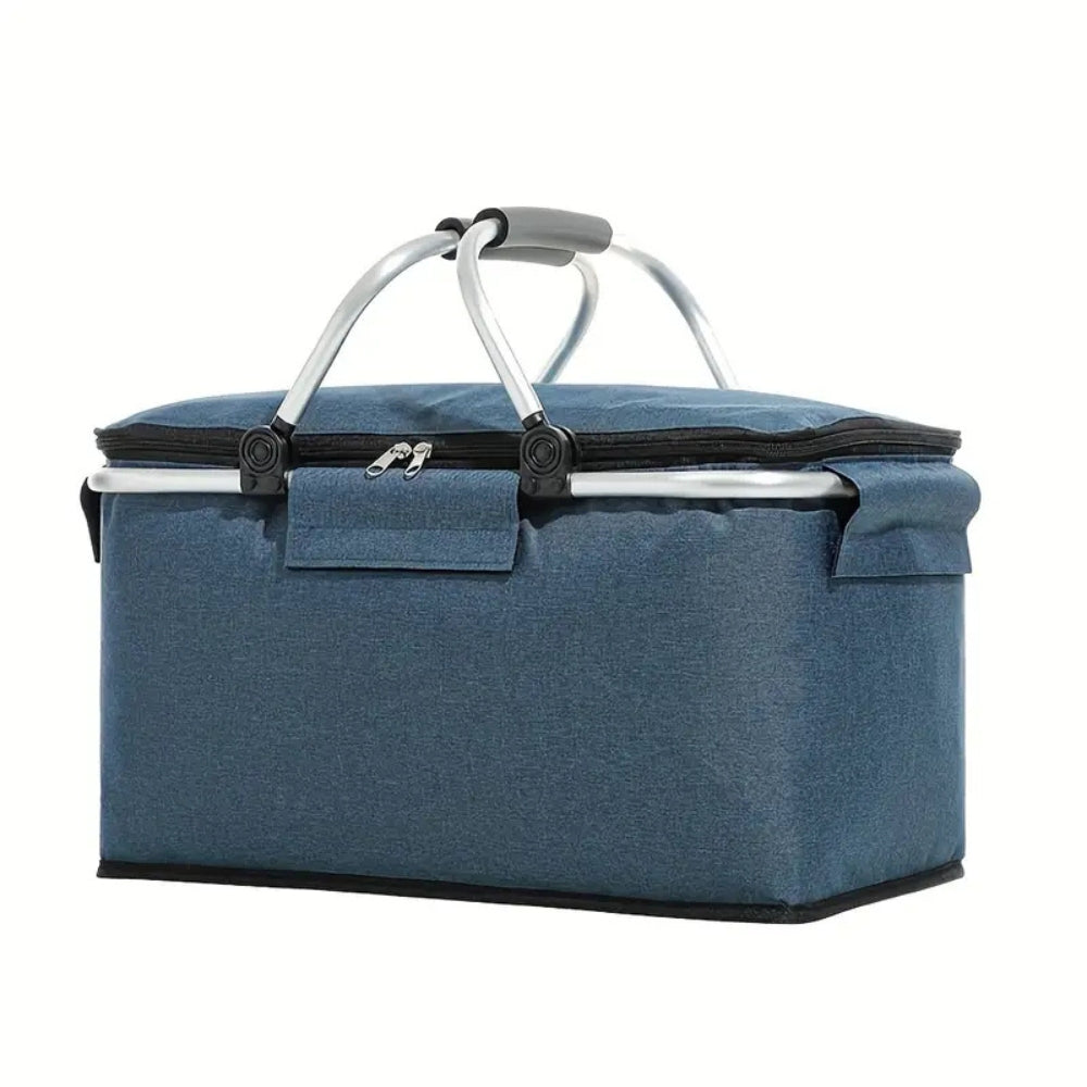 Blue folding picnic basket with silver handles and a zippered top.