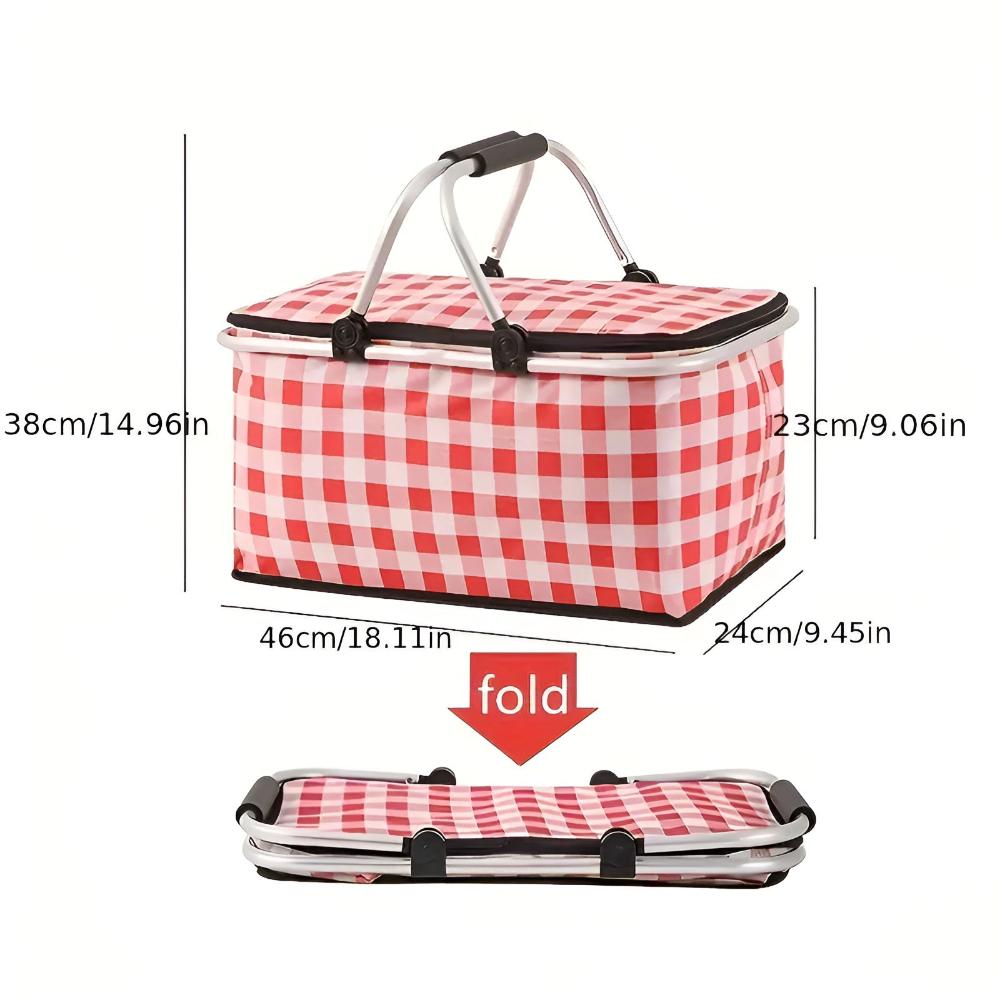Red and white checkered picnic basket with dimensions shown, and a folded view below.