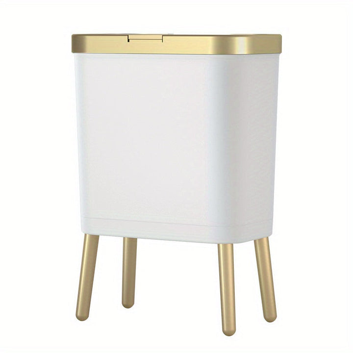 White 15L trash can with a gold lid and four gold legs.