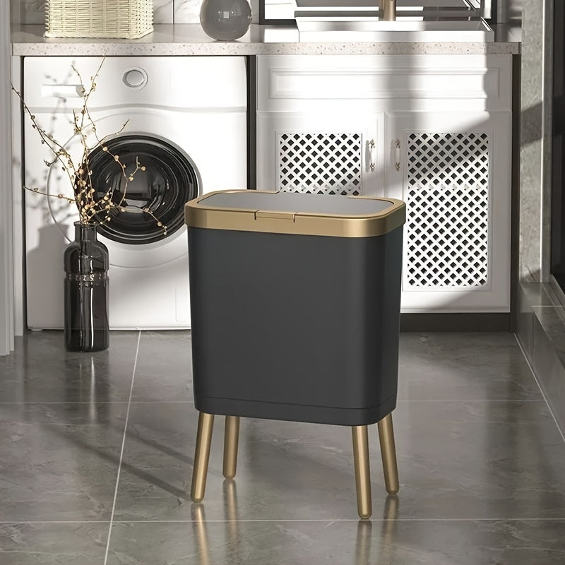 Black 15L elevated trash can with gold legs and a gold-trimmed lid.