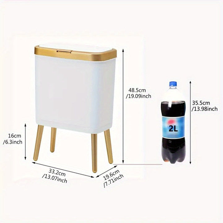 White 15L trash can with gold trim and legs, next to a 2L soda bottle for scale.