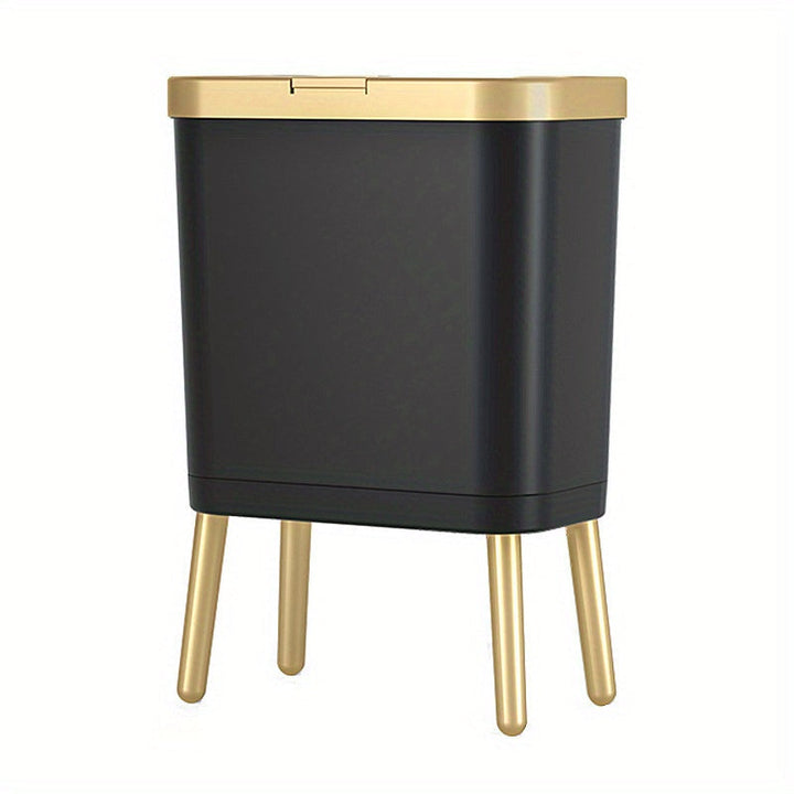 Black 15L elevated trash can with a gold lid and gold legs.