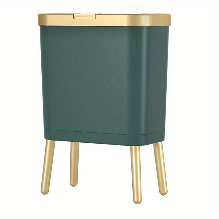 Dark green 15L trash can with a gold lid and four gold legs.