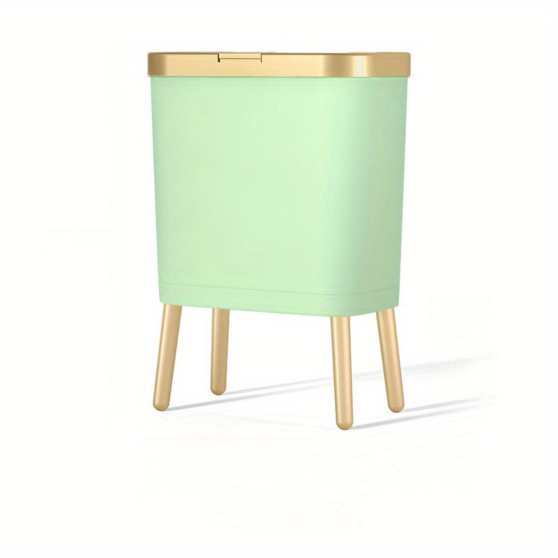 Mint green 15L trash can with a gold lid and four gold legs.