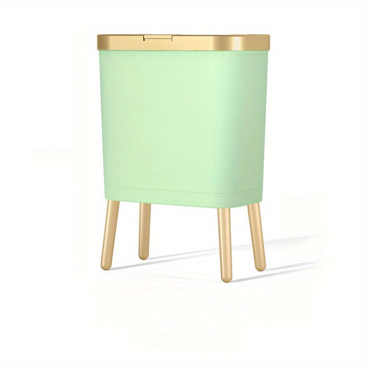 Mint green 15L trash can with a gold lid and four gold legs.