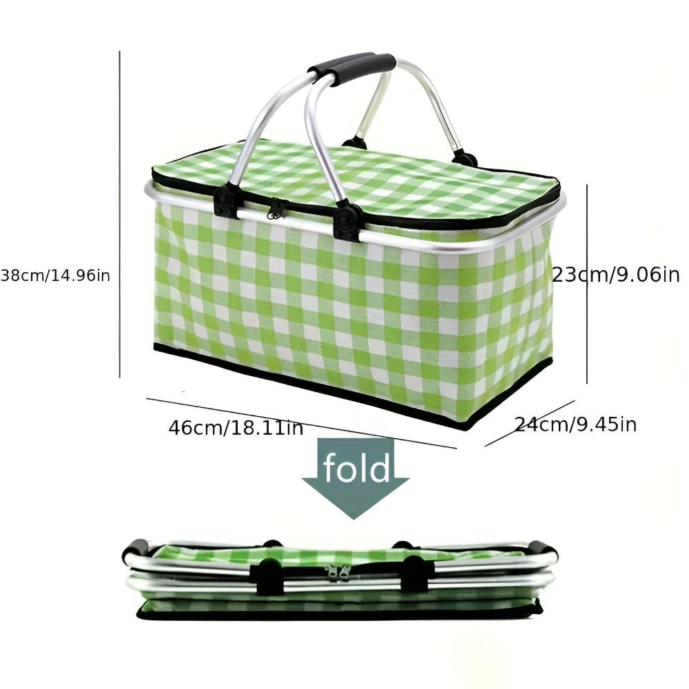 Green and white checkered picnic basket with dimensions labeled, shown open and folded.