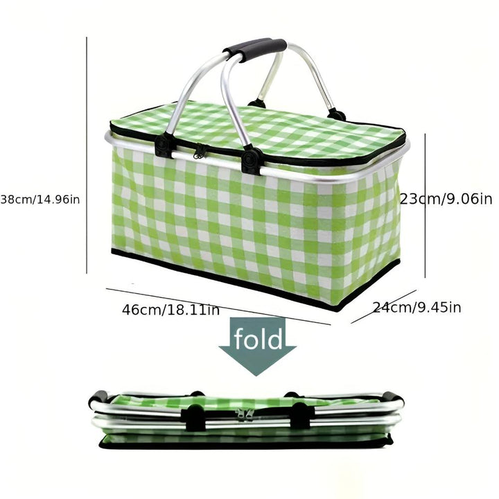 Green and white checkered picnic basket with dimensions labeled, shown open and folded.