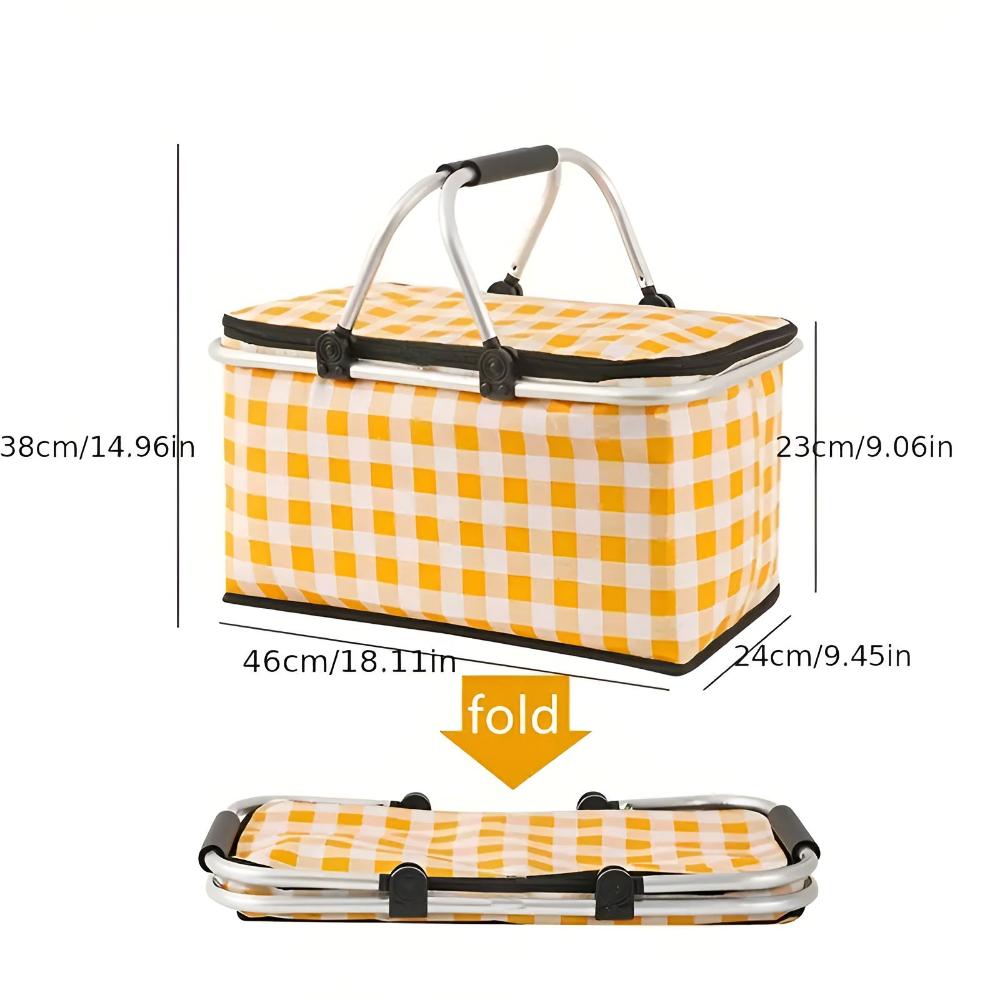 Checkered picnic basket with dimensions shown: 38cm height, 46cm length, 23cm width, and 24cm depth. Also shown folded.