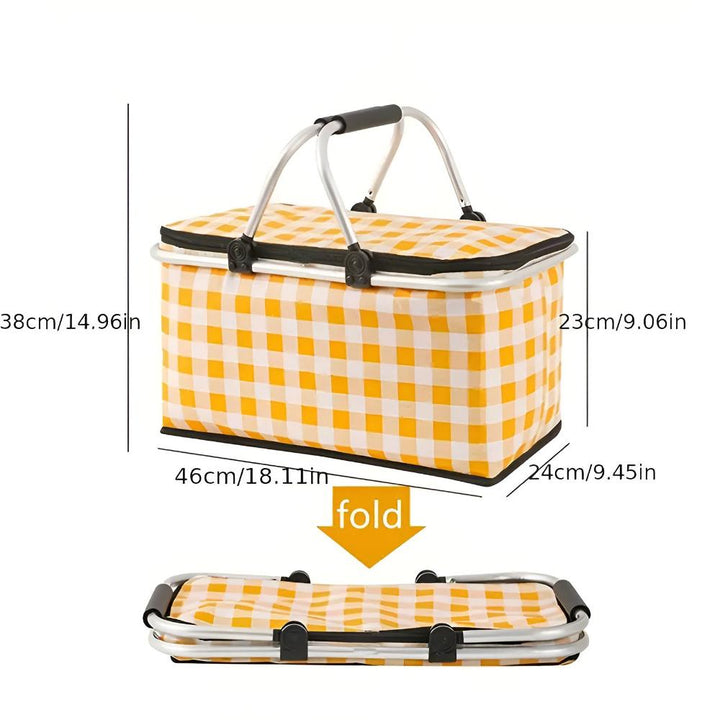 Checkered picnic basket with dimensions shown: 38cm height, 46cm length, 23cm width, and 24cm depth. Also shown folded.