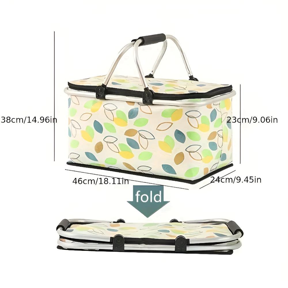 Checkered picnic basket with dimensions shown, also shown folded.