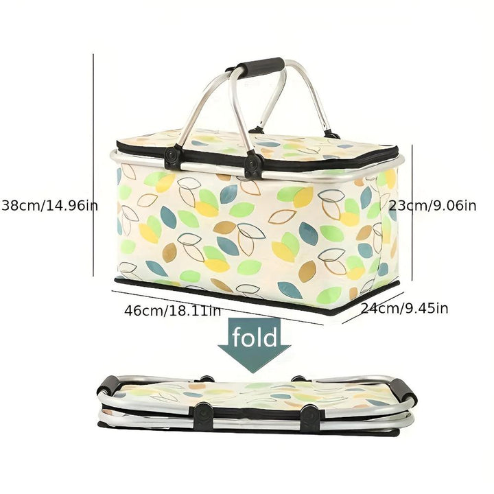Checkered picnic basket with dimensions shown, also shown folded.