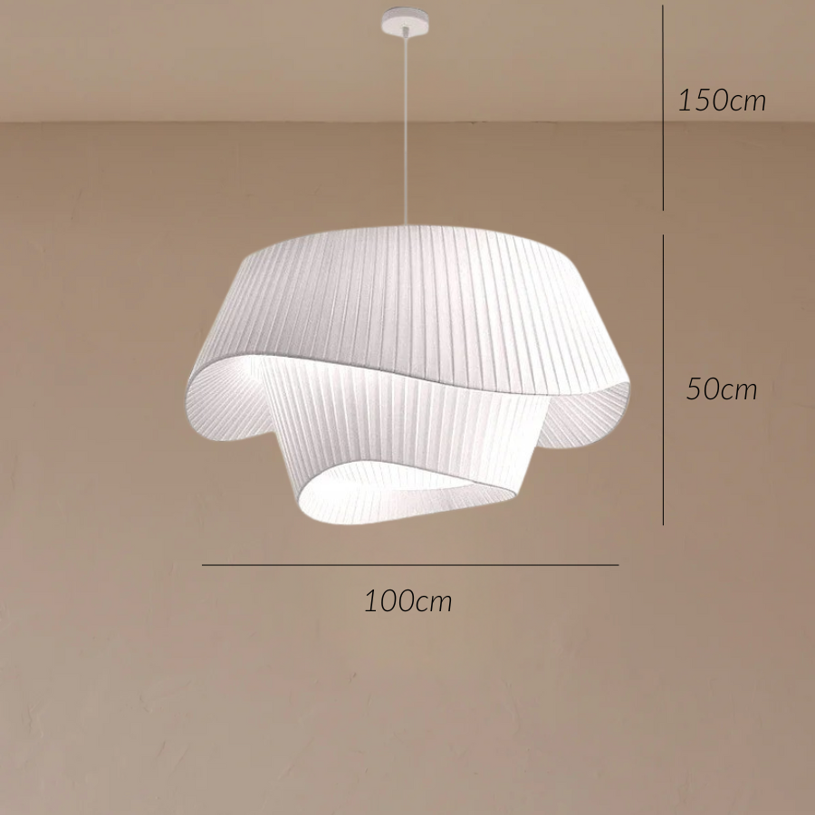 White pleated pendant light with a flowing, organic silhouette, 100cm wide and 50cm high.