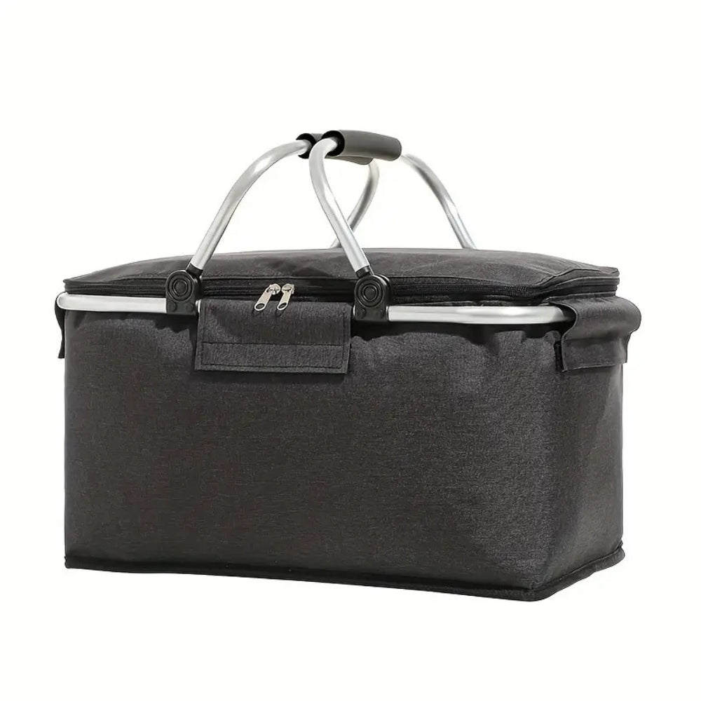 Black folding picnic basket with silver handles and a zippered top.