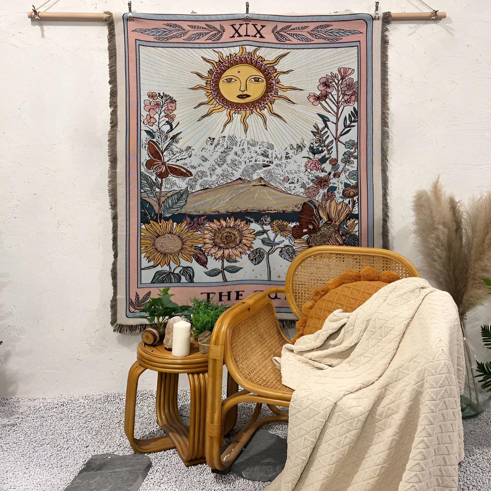 Celestial Sun tarot card tapestry throw with sunflowers and butterflies.