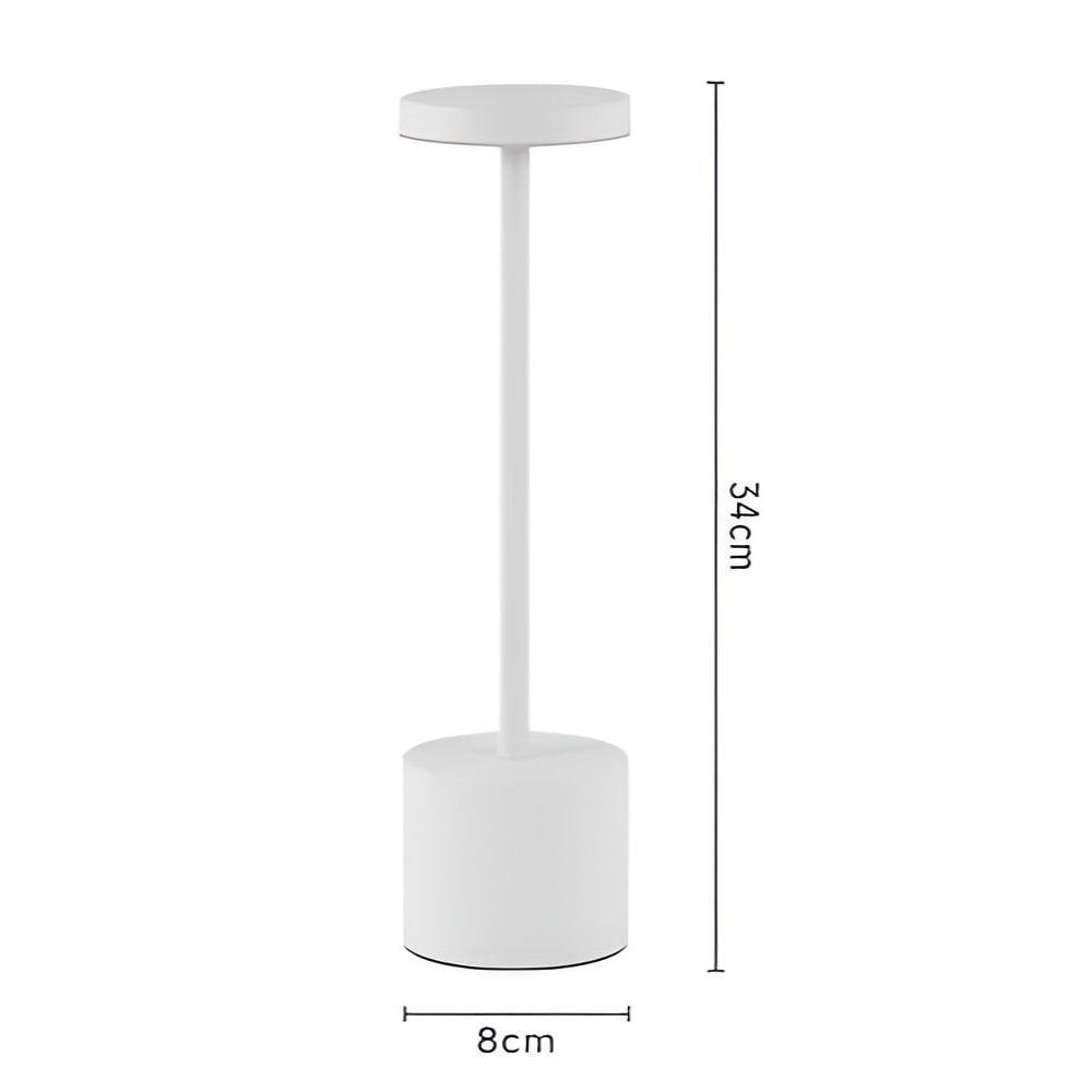 White cordless table lamp, 34cm tall with an 8cm diameter base.