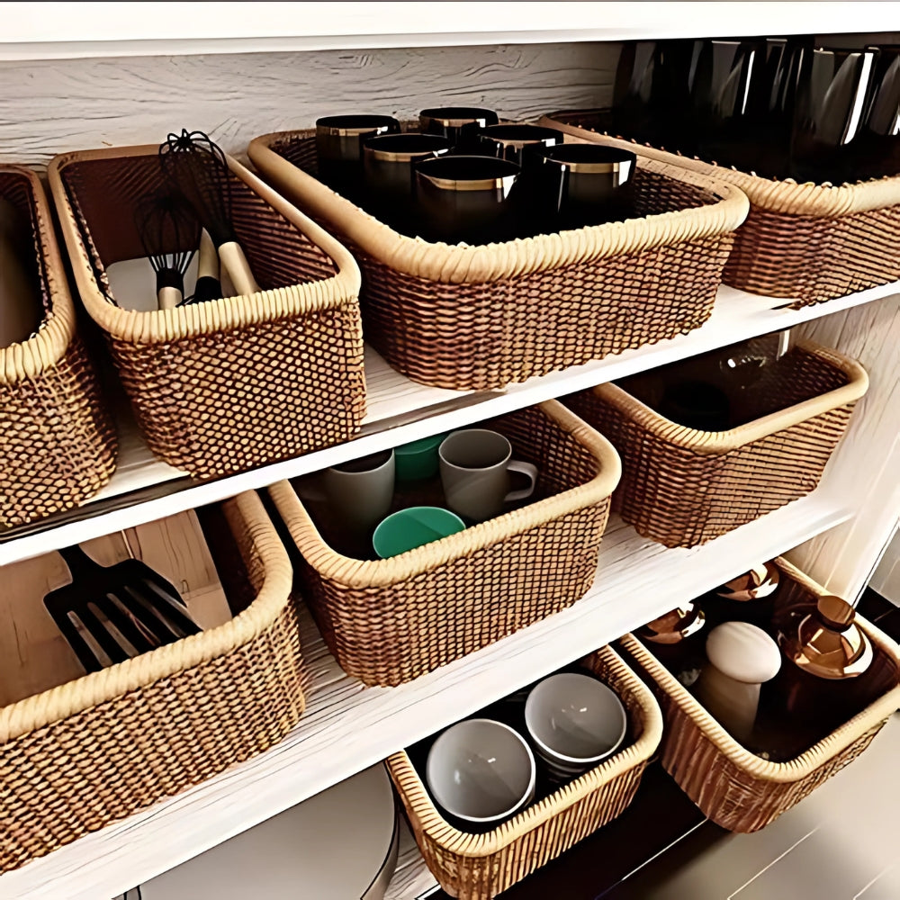 Artisan Rattan Storage Baskets filled with kitchenware and cups on shelves.