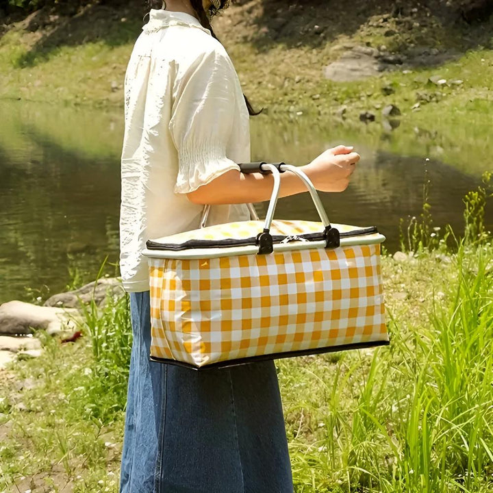Yellow and white checkered picnic basket with a zippered top and handles, held by a person near a body of water.