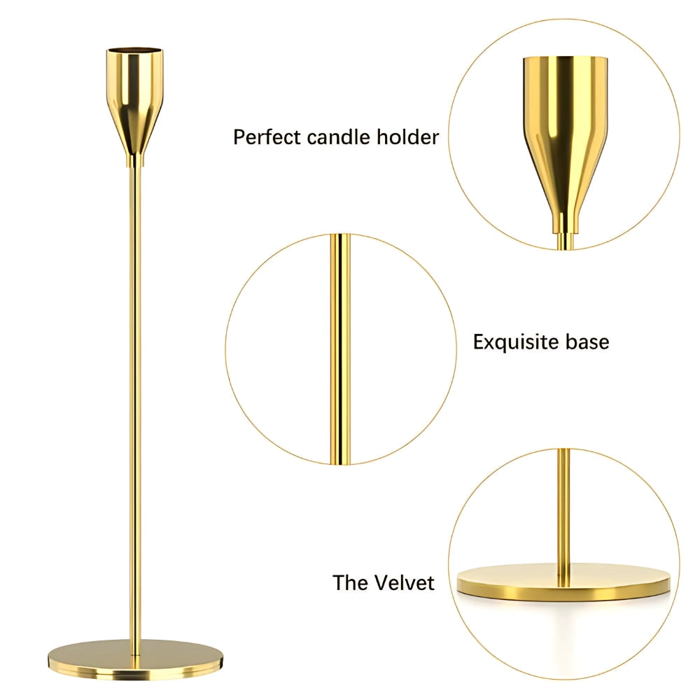 Tall gold stainless steel candle holder with a round base and a flared top.