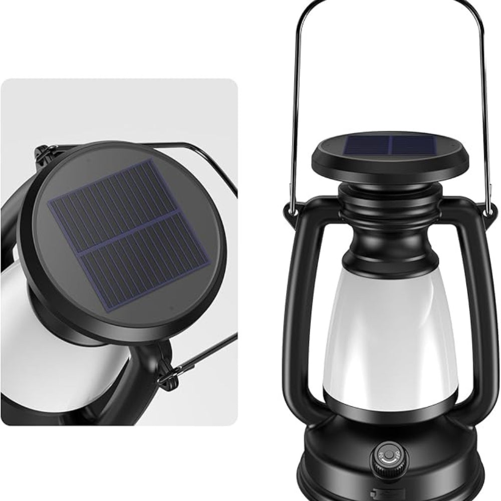 Black solar camping lantern with a solar panel on top and a white light diffuser.
