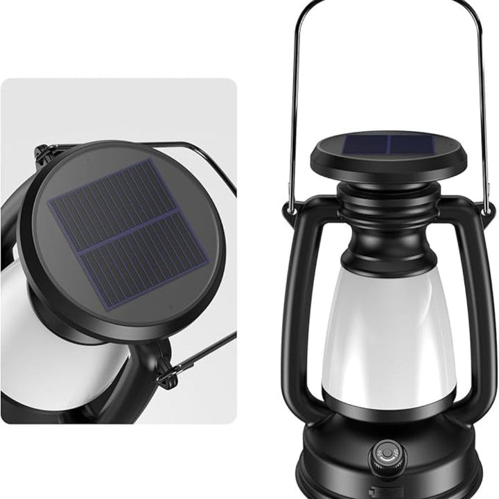 Black solar camping lantern with a solar panel on top and a white light diffuser.