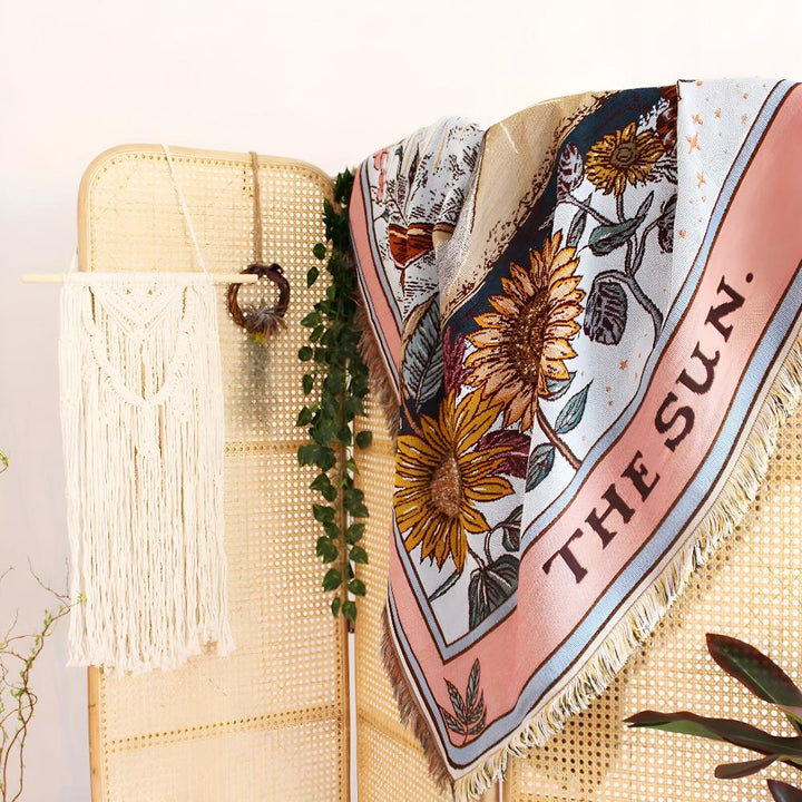Boho style tapestry throw with sunflowers and the words &