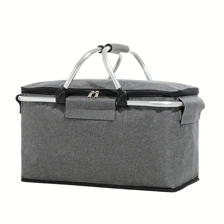 Gray folding picnic basket with aluminum handles and a zippered top.