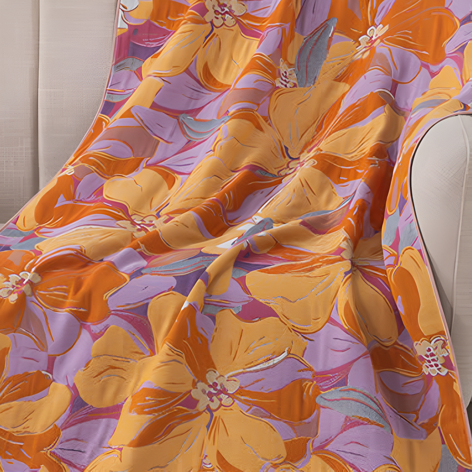 Microfiber bath towel with a vibrant floral pattern in orange, purple, and pink.