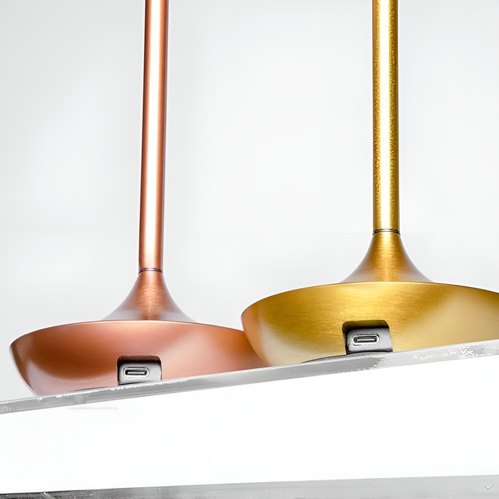 Two portable aluminum table lamps, one copper and one gold, with USB-C ports visible.