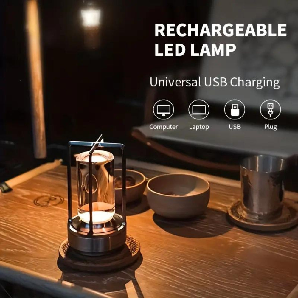 Rechargeable LED lamp with universal USB charging options shown on a wooden table.