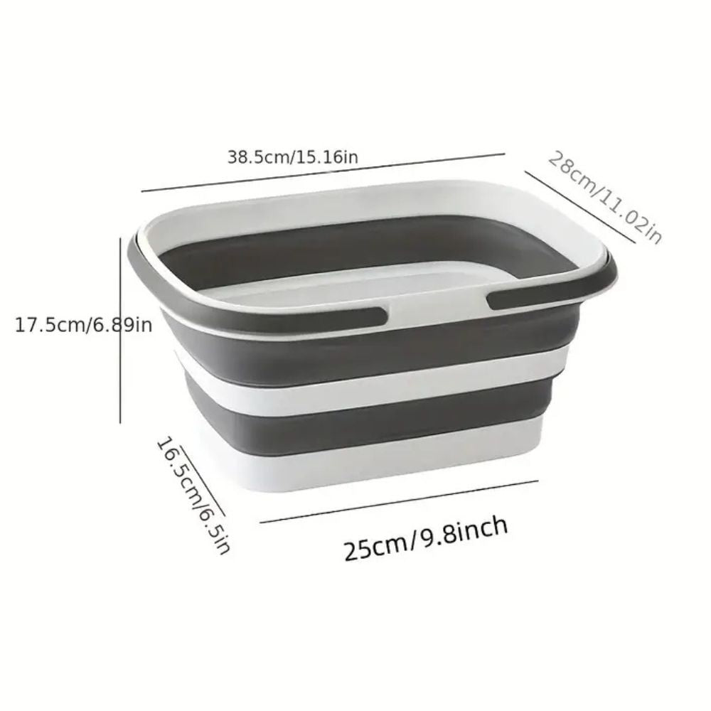 Collapsible storage basket with dimensions labeled: 38.5cm/15.16in, 28cm/11.02in, 17.5cm/6.89in, 16.5cm/6.5in, 25cm/9.8in.