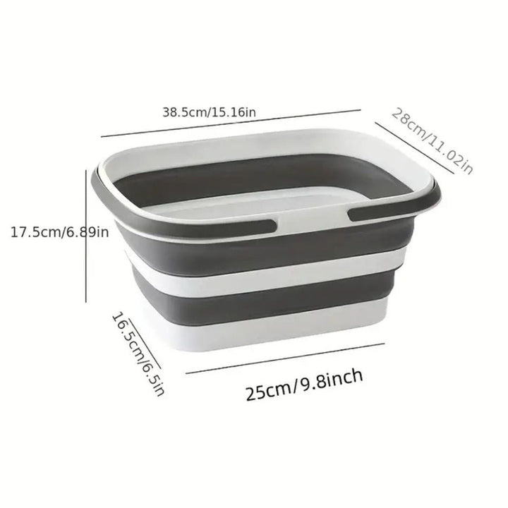 Collapsible storage basket with dimensions labeled: 38.5cm/15.16in, 28cm/11.02in, 17.5cm/6.89in, 16.5cm/6.5in, 25cm/9.8in.