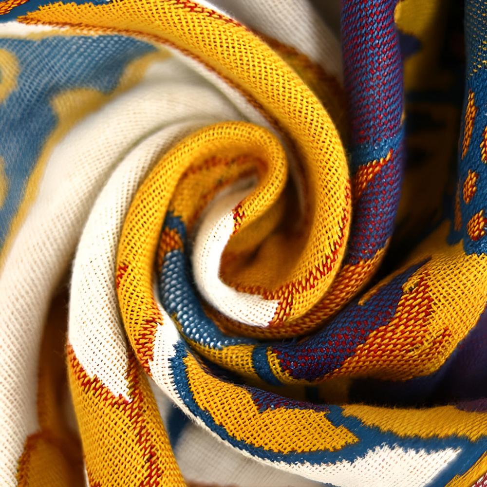 Close-up of a rolled-up cotton towel with a colorful geometric pattern in yellow, blue, and white.