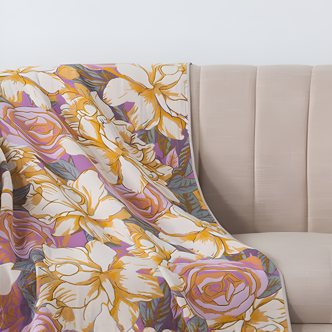 A beige headboard with a draped towel featuring a floral pattern in purple, yellow, and white.