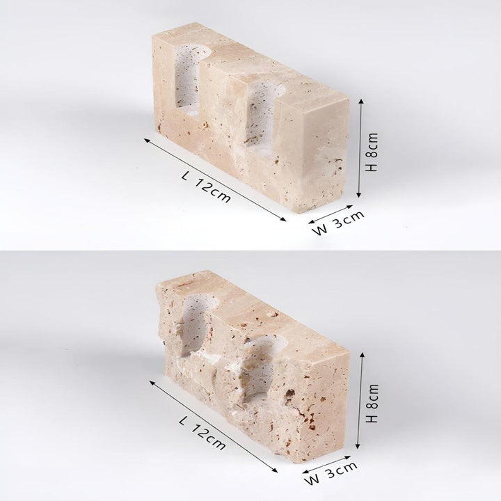 Travertine stone candle stand, 12cm long, 8cm high, 3cm wide, with two candle holders.