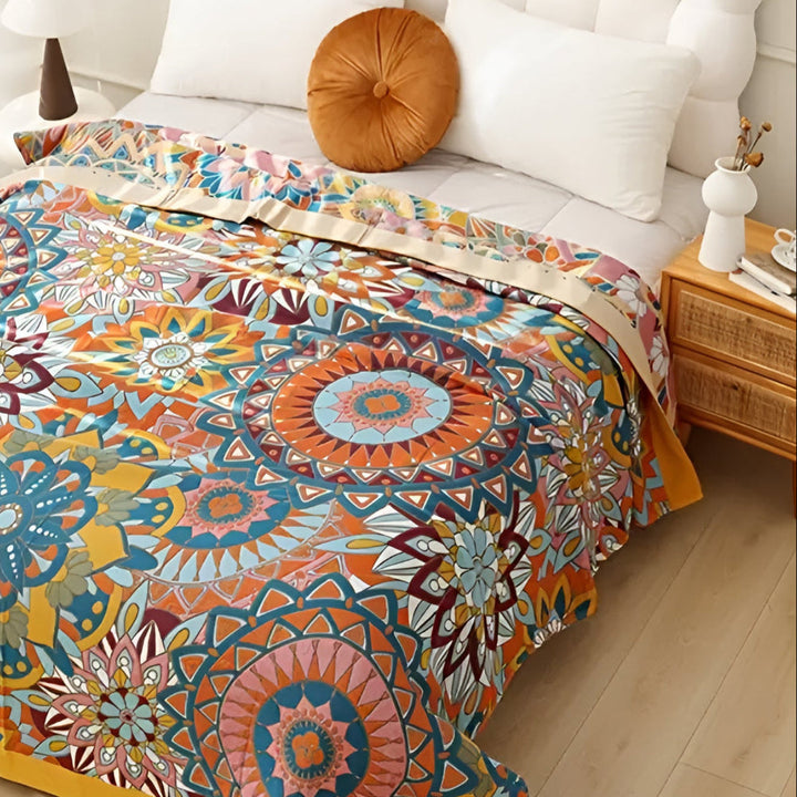 Moroccan floral jacquard cotton blanket with vibrant mandala patterns in orange, blue, and yellow.