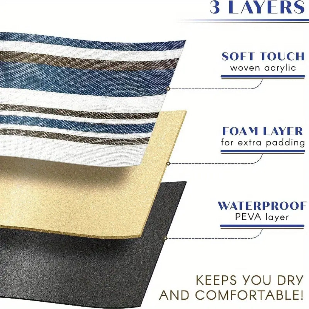 Picnic mat with three layers: soft woven acrylic, foam padding, and waterproof PEVA.
