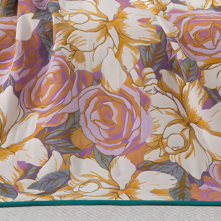 Cotton gauze bath towel with a pastoral rose pattern in purple and orange.