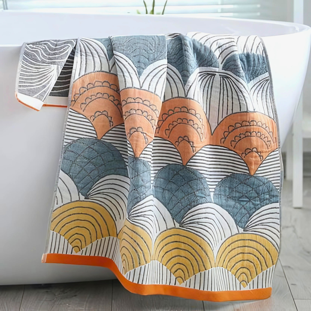 Cotton bath towel with a repeating abstract shell pattern in orange, blue, and yellow.