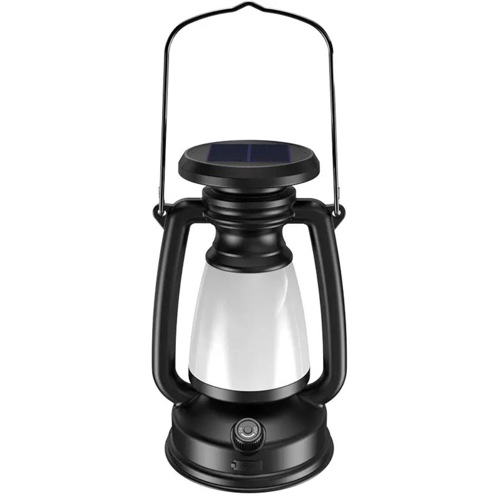 Black solar camping lantern with a white frosted globe and a metal handle.
