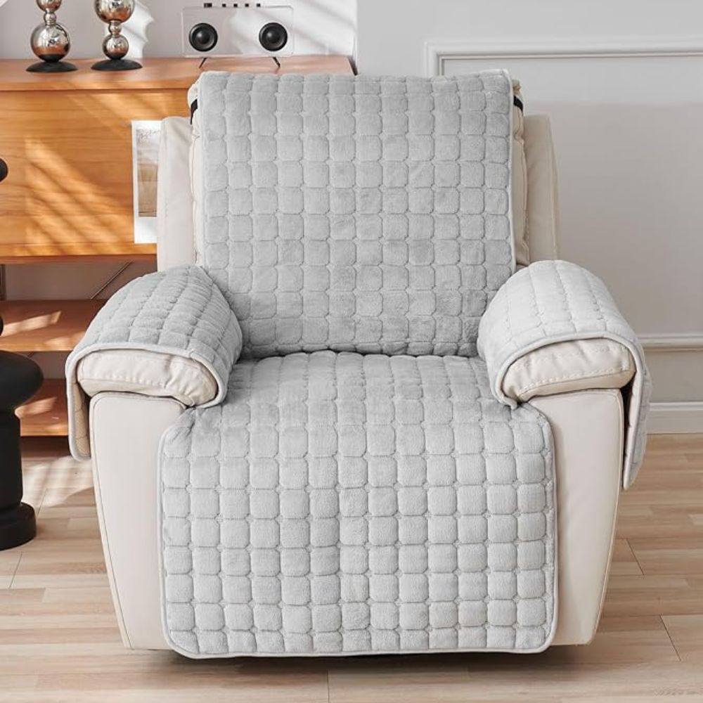 Light gray quilted microfiber recliner chair cover with a grid pattern.