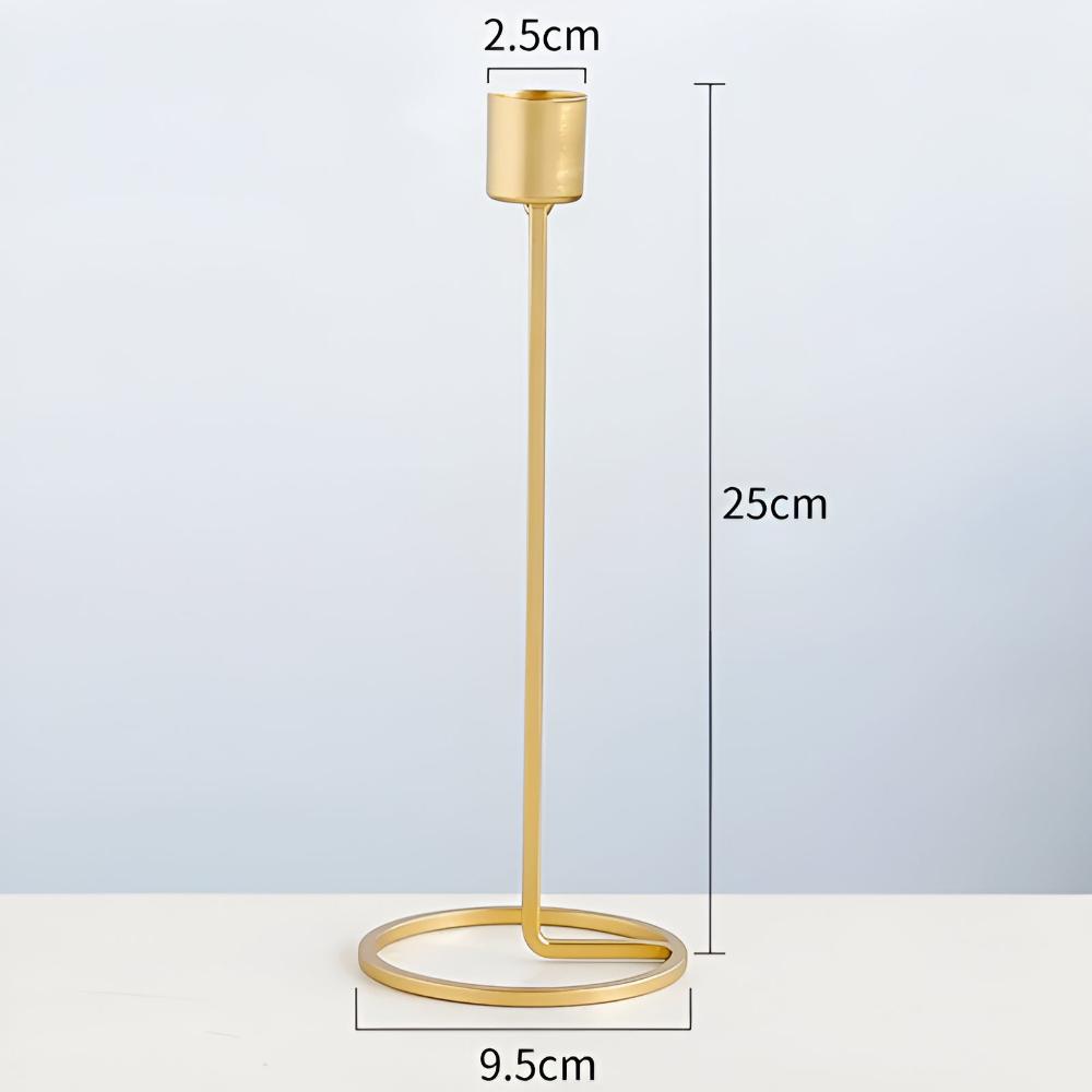 Golden boho candle holder with a circular base and a tall stem, measuring 25cm in height.
