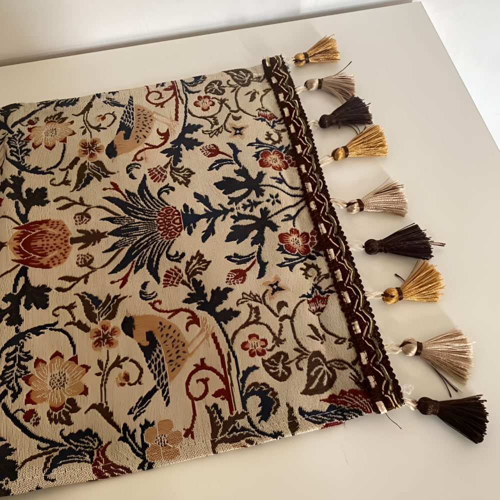 Vintage floral and bird jacquard table runner with tassels.
