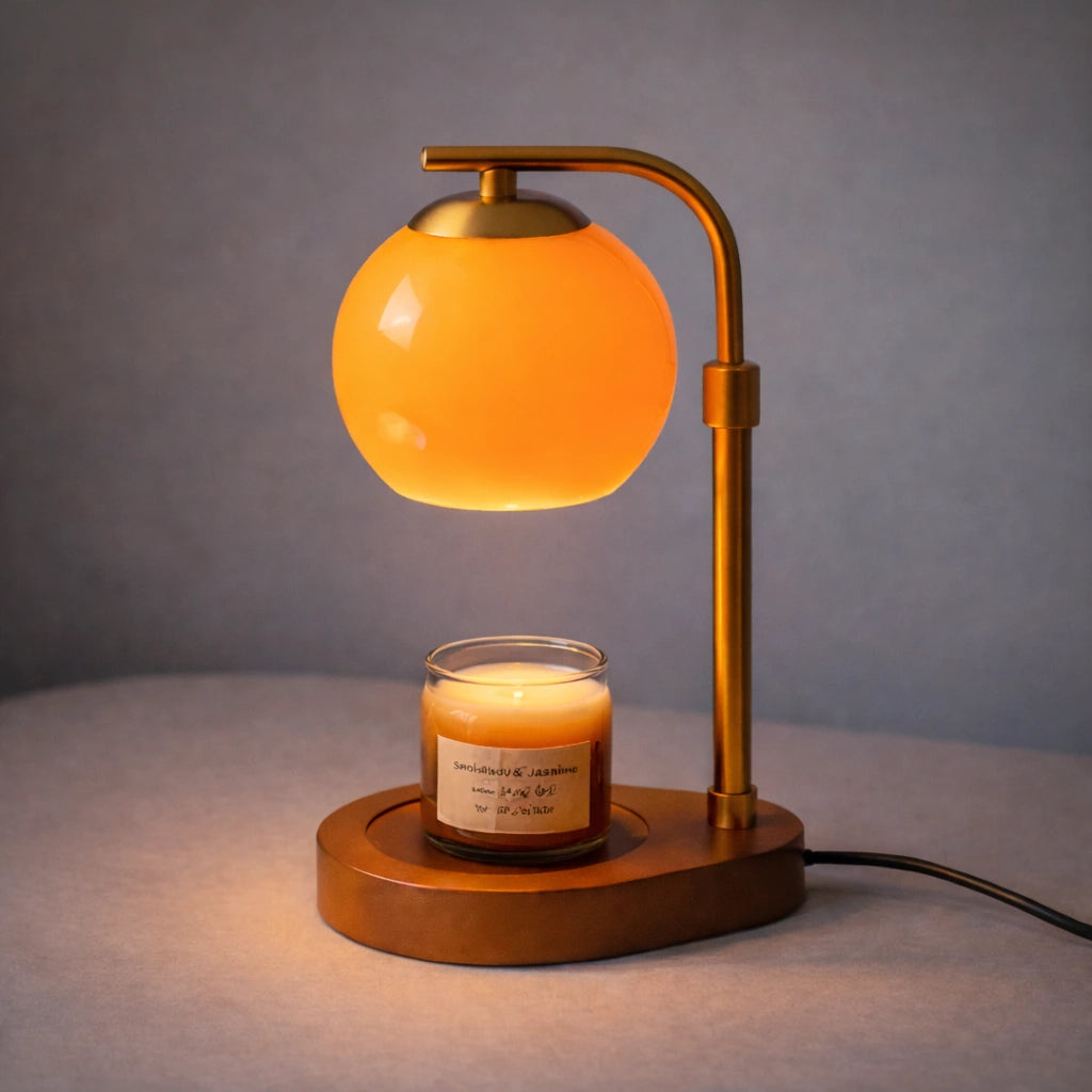 Sculpted glass candle warmer lamp with an amber globe and a lit candle on a wooden base.
