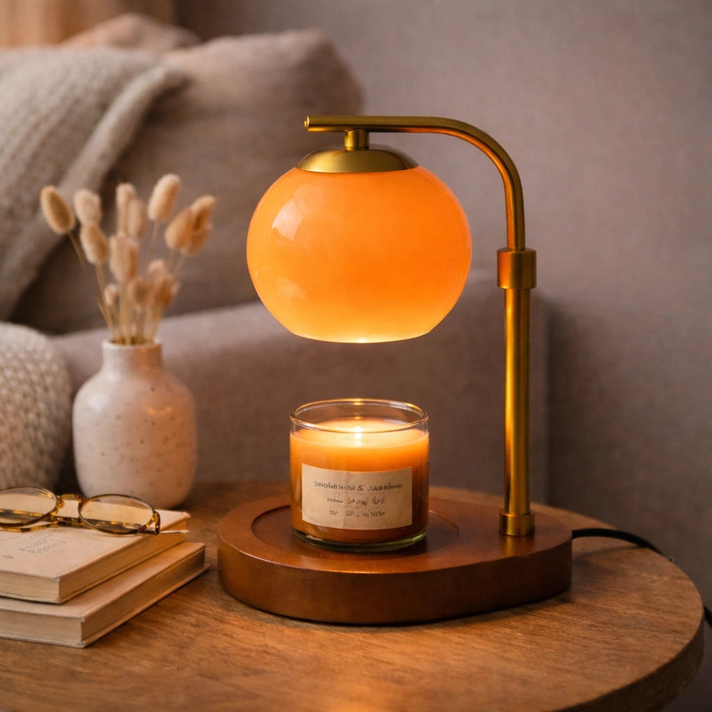 Retro amber glass candle warmer lamp with a warm glow over a candle.