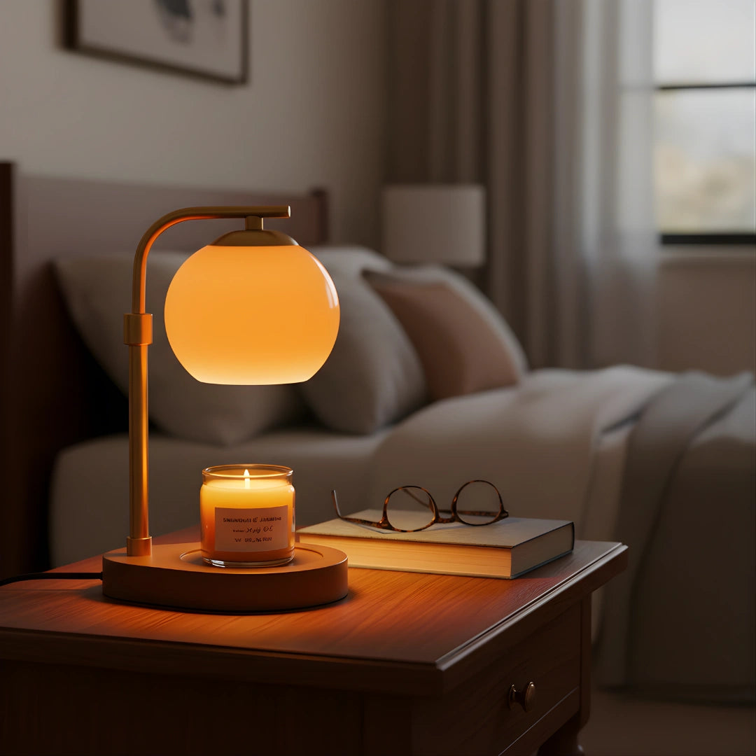 Sculpted Glass Candle Warmer Lamp with a retro amber shade and warm glow, placed on a nightstand next to a book and glasses.