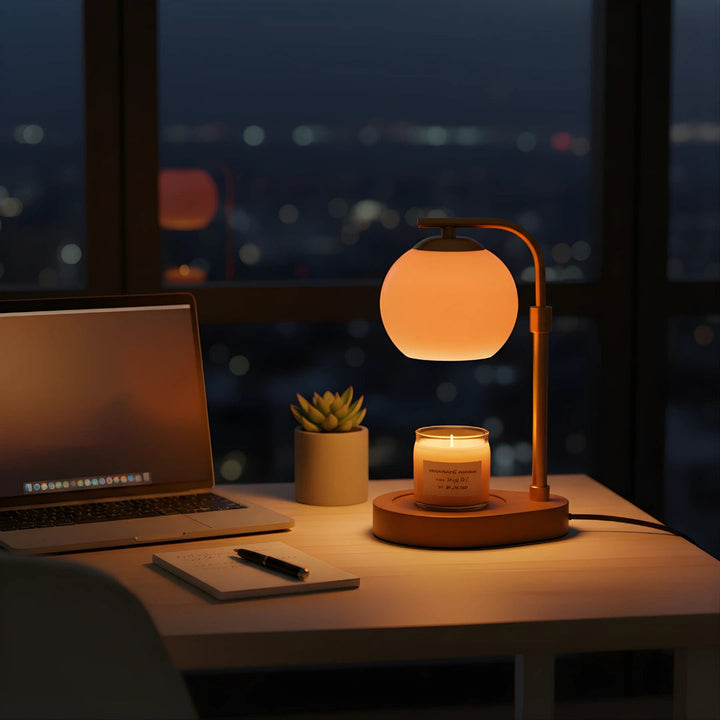 Sculpted Glass Candle Warmer Lamp with a warm amber glow, next to a laptop and a small plant.