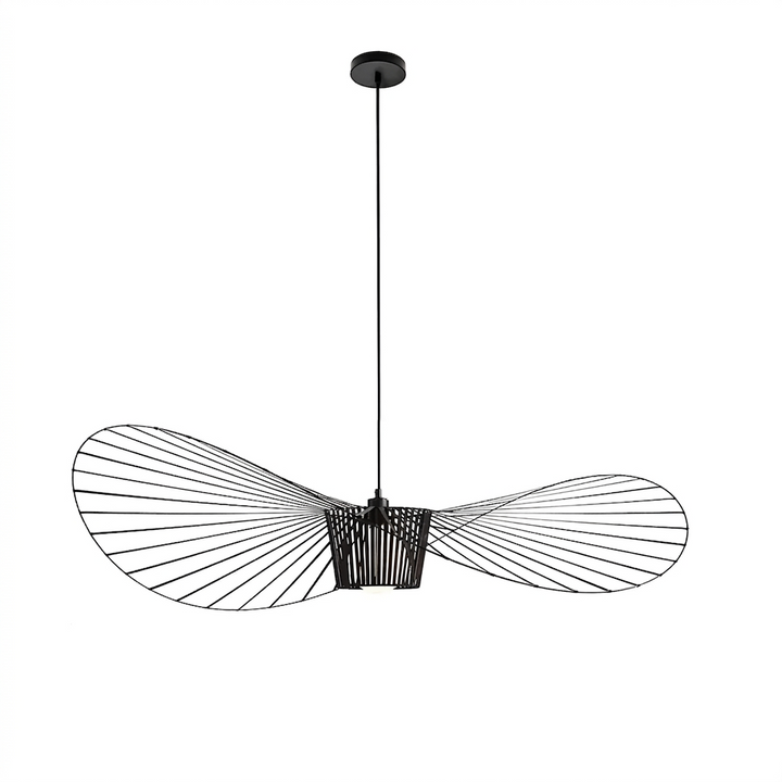 Black contemporary pendant light with a wide, wavy shade resembling a hat.