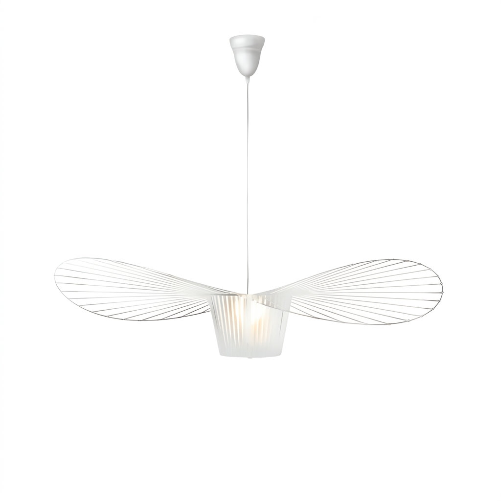 White contemporary pendant light with a wide, flat shade resembling a hat, made of thin, curved wires.